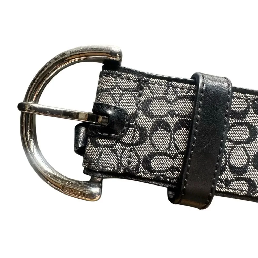 Coach Classic Mini Monogram Silver Buckle Black and white Belt 3977